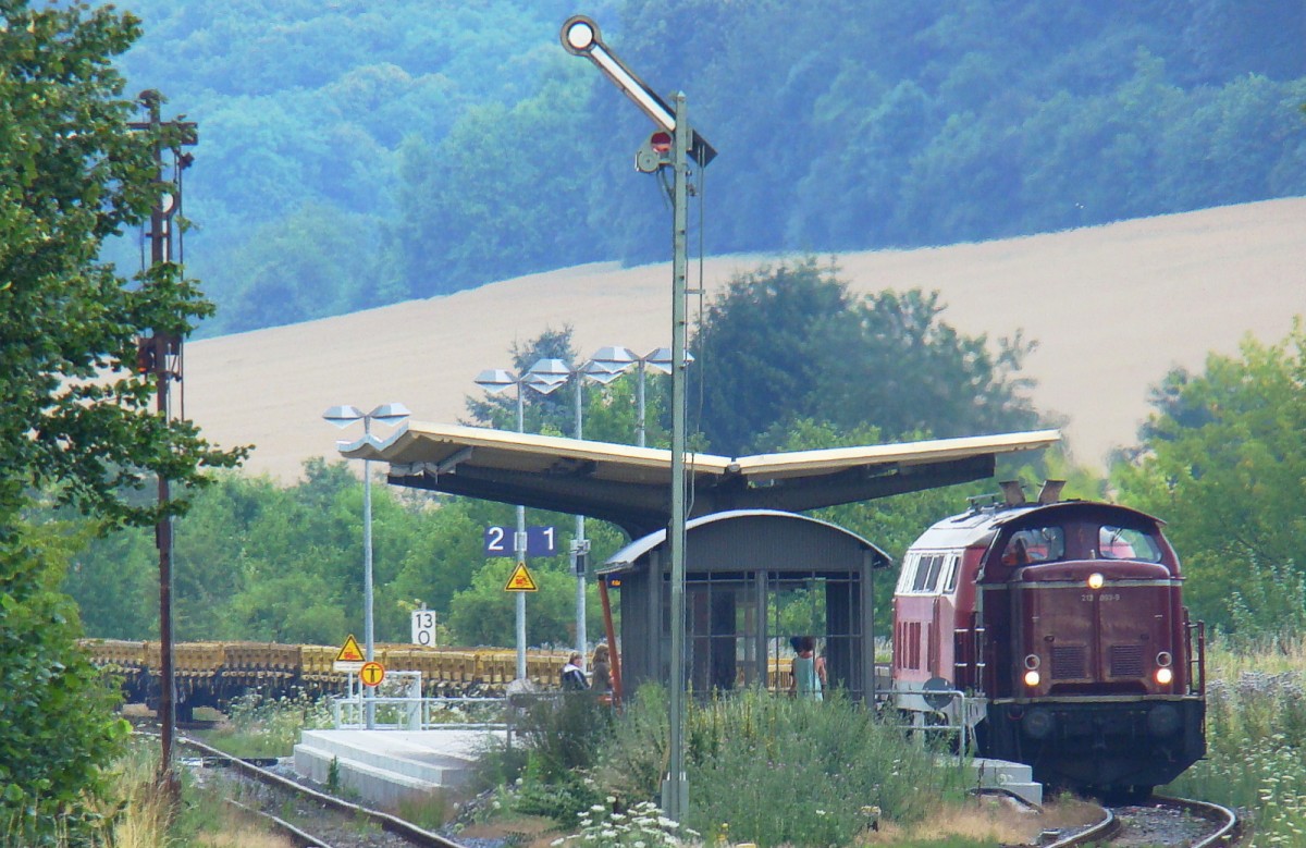 DB Fahrwegdienste 212 093-9 + DB Service S�dost 218 272-3 mit Flachwagen ins Fahrzeugwerk Karsdorf, am 11.07.2014 in Laucha. (Foto: G�nther G�bel)