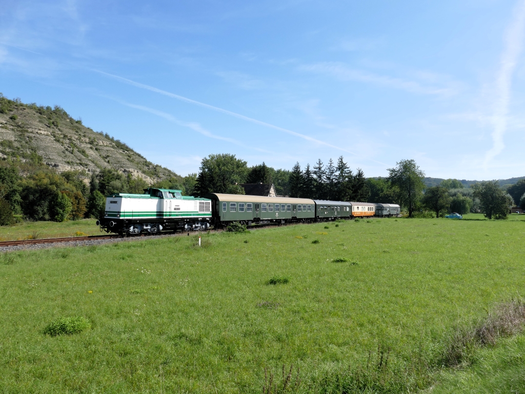 Der zweite Sonderzug von vier Sonderz�gen im Unstruttal zum Winzerfest 2023 war die V100 003 (201 003-1 D-LDK) mit DPE 17399 (Sta�furt – Karsdorf), organisiert von den Eisenbahnfreunden Traditionsbahnbetriebswerk Sta�furt e.V.. Hier zusehen am 09.09.2023 in Balgst�dt.
