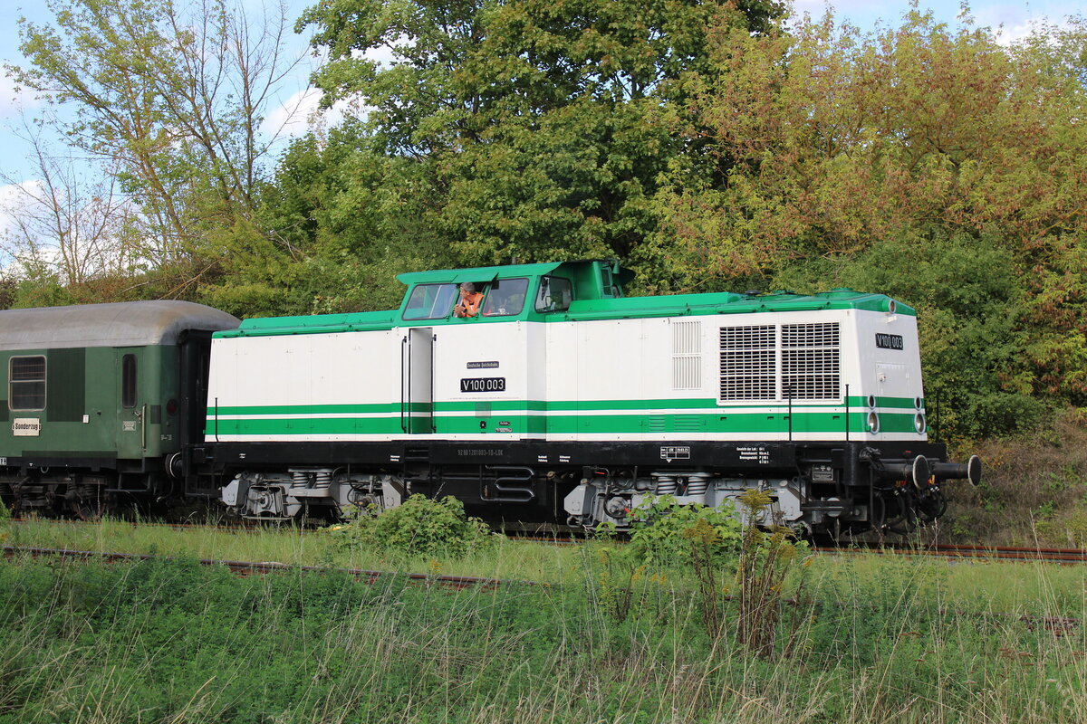 Die DB Museum V100 003 (92 80 1201 003-1 D-LDK) mit dem DZ 28971  Salzland-Express  der Eisenbahnfreunde vom Traditionsbahnbetriebswerk Sta�furt e.V. nach Magdeburg Hbf, am 13.09.2025 in Karsdorf Bbf.