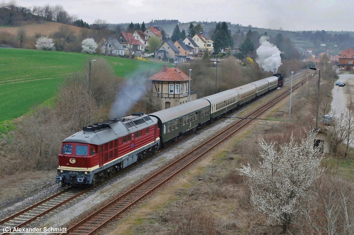 Die EBS 132 293-2 bepsannte am 24.03.2019 zwischen Karsdorf & Naumburg (S) Hbf den RC 16993  Rotkäppchen-Express I  nach Neustadt (Orla). Hier verlässt der Sonderzug den ehem. Bahnhof Freyburg. (Foto: Alexander Schmidt)