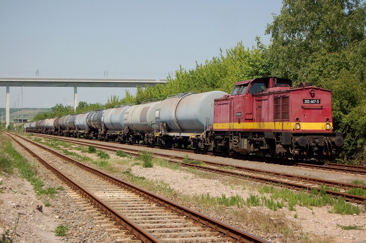 Die EBS 202 487-5 zieht am 22.05.20014 den DGS 99751 aus Großkorbetha in  Karsdorf Bbf in den Anschluss der EBS. (Foto: dampflok015)