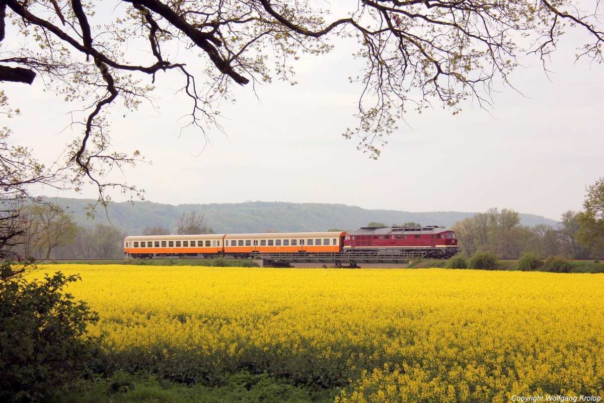 EBS 132 293-2 mit dem DPE 74225  Finne-Unstrut-Xpress  von S�mmerda nach Karsdorf, am 01.05.2019 bei Ro�bach. Der vom F�rderverein Finnebahn e.V. organisierte Sonderzug verkehrte anl�sslich des Freyburger Weinfr�hlings. (Foto: Wolfgang Krolop)