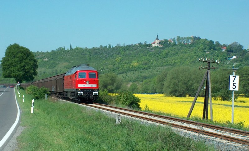 DB 232 388-9 mit H-Wagen voller Zements�cke vom Zementwerk Karsdorf nach Stettin Hafen, am 12.05.2008 bei Freyburg (Unstrut).