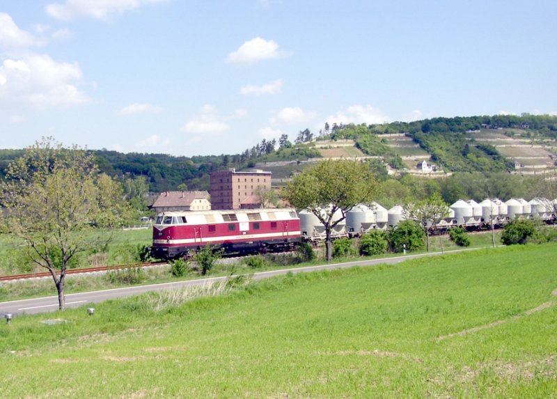 MEG 201 mit leeren Zementwagen nach Karsdorf, am 07.06.2008 bei Balgst�dt. (Foto: G�nther G�bel)