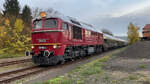 Die als 120 982-4 beschilderte EBS V200 507 bespannte am Morgen des 13.11.2023 zwischen Karsdorf und Naumburg (S) Hbf den leeren Kohlestaubwagenzug nach Spreewitz.