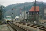 Am 23.03.1996 war der KEG VT 2.13 im Bahnhof Vitzenburg als RB 15261 von Artern nach Naumburg (S) Hbf unterwegs. (Foto: Heiko M�ller) #Unstrutbahn