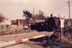 1965 ist eine P8 mit einer Personenzugarnitur am Posten 6a in der Ortslage Laucha unterwegs, ein typisches Bild auf der Unstrutbahn in den 60er Jahren; (Foto: G�nther G�bel)   