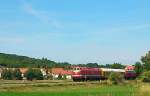 MEG 304 und MEG 301 am Zugschluss mit einem Messwagen Richtung Freyburg, am 03.07.2014 in Kleinjena.