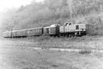 DR 106 099-5 mit einem DMV-Sonderzug von Erfurt Hbf nach Naumburg Hbf, am 22.10.1988 unterhalb vom Schloss Vitzenburg.