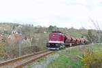 Die EBS 110 001-5 war am 04.04.2023 in Roßbach (Naumburg) mit Getreidewagen nach Leipzig-Engelsdorf unterwegs.