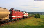 FWK 143 936 + 143 822 am Zugschluss vom leeren Kohlestaubzug von Karsdorf nach Spreewitz, am 05.06.2025 bei Kleinjena. (Foto: Reinhold Kreschinski)
