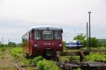 Das Ferkeltaxi der Erfurter Bahnservice stand am 18.05.2012 im Bereich des ehemaligen G�terbahnhofs abgestellt in bl�henden Landschaften.