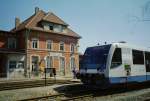 Rurtalbahn 6.008.1 w�hrend einer Ausschreibungsfahrt f�r die zuk�nftigen s�dlichen Streckens Sachsen-Anhalts, am 15.04.1996 in Freyburg. (Foto: J�rg Berthold)