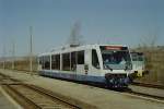 Der Rurtalbahn Triebwagen 6.008.1 (654 008) w�hrend einer Auschreibungsfahrt vom Land Sachsen-Anhalt, am 15.04.1996 in Karsdorf.