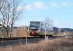 Burgenlandbahn 672 903 als RB 34881 von Wangen nach Naumburg Ost, am 25.02.2015 bei Naumburg.
