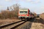 DB 628 656 als Lt 70104 nach Karsdorf, am 20.02.2019 auf der Unstrutbahn bei Nißmitz.