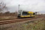 Burgenlandbahn 672 917 als RB 34876 von Naumburg Ost nach Wangen, am 08.12.2013 bei der Einfahrt in Laucha.