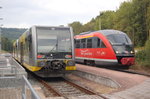 Zum Winzerfest in Freyburg verkehren auf der Unstrutbahn zwischen Naumburg Ost und Nebra Triebzüge der BR 642. Zwischen Nebra und Wangen fahren die bekannten Triebzüge der BR 672. So auch am 08.09.2013. DB 672 914 als RB 34864 nach Wangen und DB 642 702 + 642 730 als RB 34867 nach Naumburg Ost warten im Bahnhof von Nebra auf dem Abfahrt. (Foto: dampflok015)