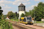 Burgenlandbahn 672 914 als RB 26878 von Naumburg Ost nach Wangen, am 07.08.2017 bei der Einfahrt in Nebra.