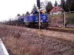 InfraLeuna 211 mit leeren Kesselwagen nach Karsdorf, am 28.02.2014 in Freyburg Bbf.