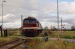 LEG 120 295-1 mit einem Fotog�terzug von Nebra nach Sta�furt, am 12.11.2006 bei der Einfahrt in Donndorf.
