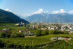 Blick aus unserem AL-Zug (Aigle-Leysin-Bahn) durch die Rebberge aufs Schloss und die Stadt Aigle am 08 September 2023.
